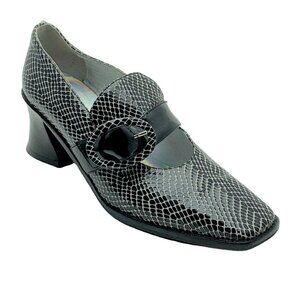 DENNIS COMEAU Vintage Black Snake Print Heeled Loafers With Buckle Detail Size 7